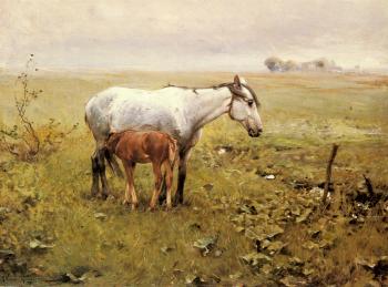 阿爾弗雷德 馮 維雷斯 科瓦爾斯基 A Mare and her Foal in a Landscape